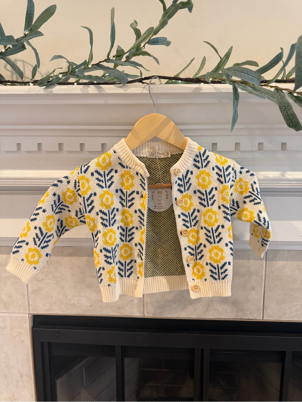 Cream Floral Knit Cardigan - Yellow & Navy